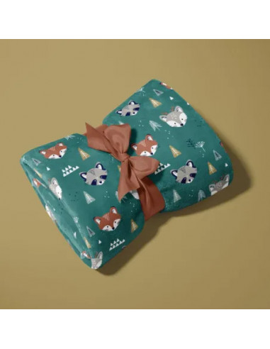 Tissu, Polaire Doudou Renards Forêt, Vert Canard Rouille, Laize 150 cm, 100% Polyester 260g/m²