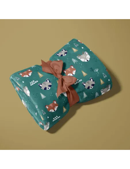Tissu, Polaire Doudou Renards Forêt, Vert Canard Rouille, Laize 150 cm, 100% Polyester 260g/m²