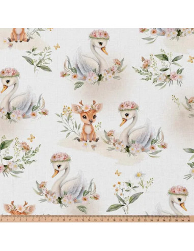 Tissu, Popeline de Coton Cygnes et Faons, Blanc Cassé, Laize 150 cm, 100% Coton 115g/m²