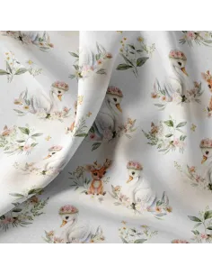 Tissu, Popeline de Coton Cygnes et Faons, Blanc Cassé, Laize 150 cm, 100% Coton 115g/m² 2