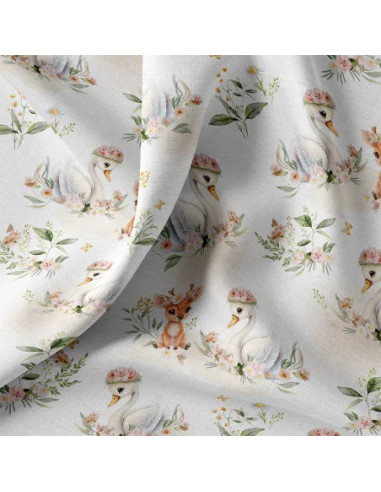 Tissu, Popeline de Coton Cygnes et Faons, Blanc Cassé, Laize 150 cm, 100% Coton 115g/m²