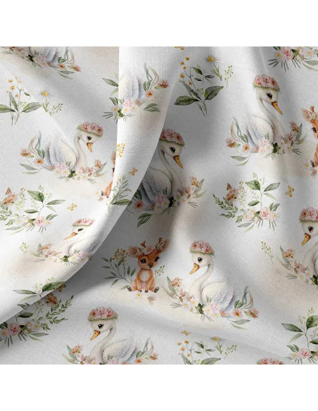 Tissu, Popeline de Coton Cygnes et Faons, Blanc Cassé, Laize 150 cm, 100% Coton 115g/m²