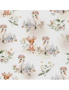 Tissu, Popeline de Coton Cygnes et Faons, Blanc Cassé, Laize 150 cm, 100% Coton 115g/m²