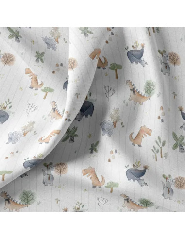 Tissu, Popeline de Coton Dinosaures Aquarelle, Multicolore Pastel, Laize 150 cm, 100% Coton 115g/m²