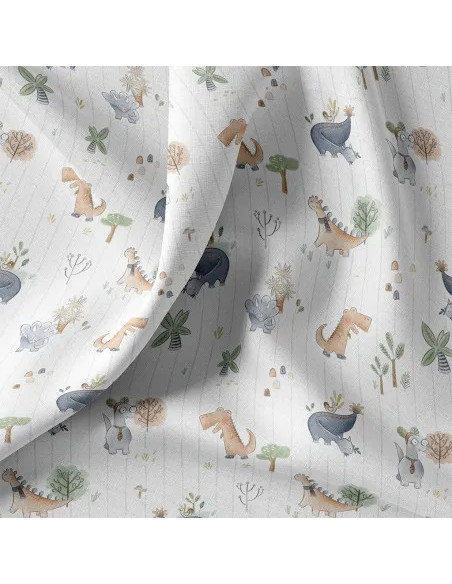 Tissu, Popeline de Coton Dinosaures Aquarelle, Multicolore Pastel, Laize 150 cm, 100% Coton 115g/m²