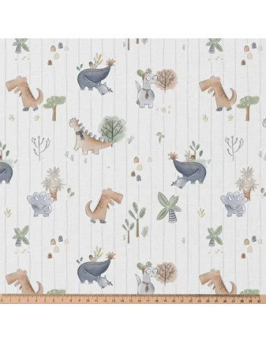 Tissu, Popeline de Coton Dinosaures Aquarelle, Multicolore Pastel, Laize 150 cm, 100% Coton 115g/m²