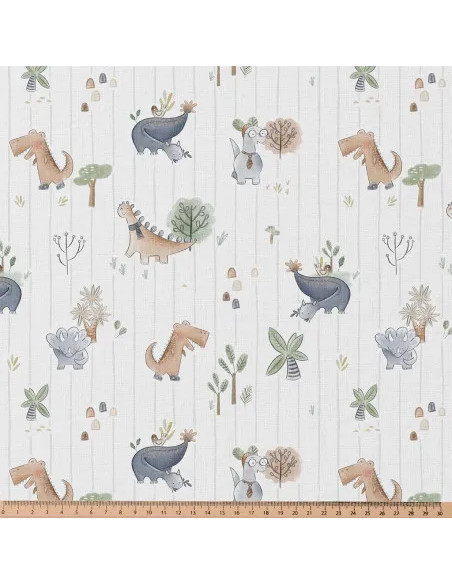 Tissu, Popeline de Coton Dinosaures Aquarelle, Multicolore Pastel, Laize 150 cm, 100% Coton 115g/m²