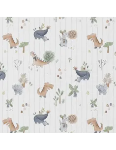 Tissu, Popeline de Coton Dinosaures Aquarelle, Multicolore Pastel, Laize 150 cm, 100% Coton 115g/m²