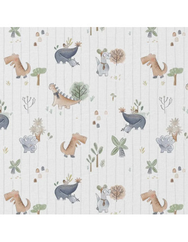 Tissu, Popeline de Coton Dinosaures Aquarelle, Multicolore Pastel, Laize 150 cm, 100% Coton 115g/m²