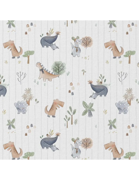 Tissu, Popeline de Coton Dinosaures Aquarelle, Multicolore Pastel, Laize 150 cm, 100% Coton 115g/m²
