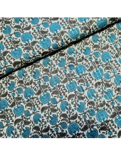 Tissu, Voile de Coton Fleuri Lurex, Bleu Azur et Gris, Laize 110 cm, 100% Coton 90g/m²