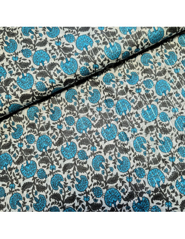 Tissu, Voile de Coton Fleuri Lurex, Bleu Azur et Gris, Laize 110 cm, 100% Coton 90g/m²