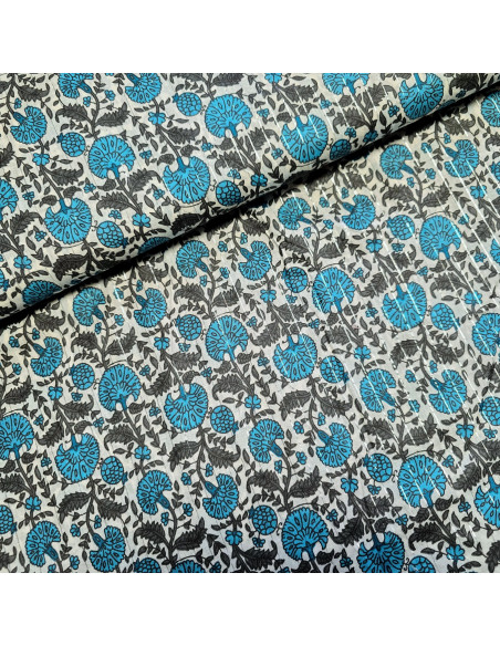 Tissu, Voile de Coton Fleuri Lurex, Bleu Azur et Gris, Laize 110 cm, 100% Coton 90g/m²