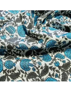 Tissu, Voile de Coton Fleuri Lurex, Bleu Azur et Gris, Laize 110 cm, 100% Coton 90g/m² 2
