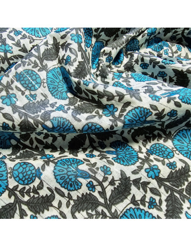 Tissu, Voile de Coton Fleuri Lurex, Bleu Azur et Gris, Laize 110 cm, 100% Coton 90g/m²