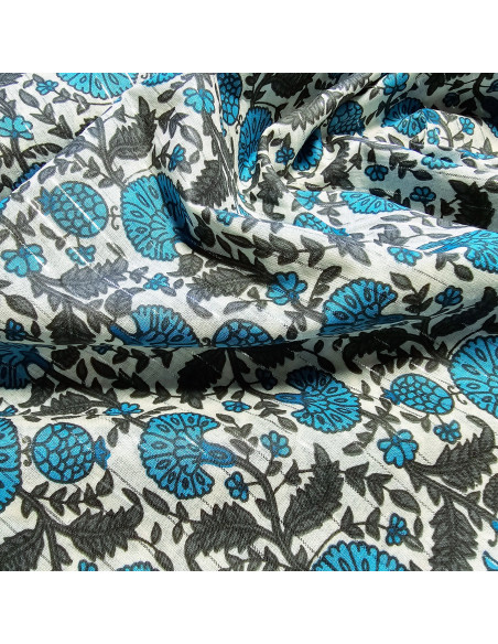 Tissu, Voile de Coton Fleuri Lurex, Bleu Azur et Gris, Laize 110 cm, 100% Coton 90g/m²