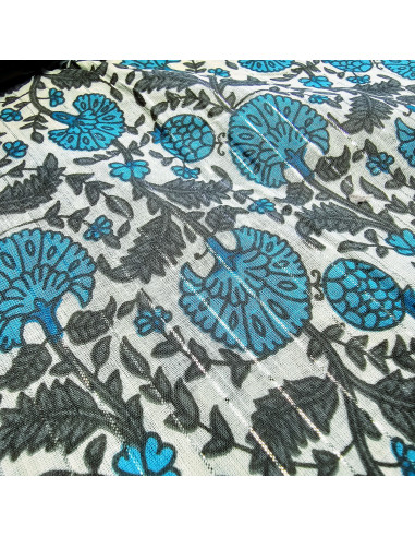 Tissu, Voile de Coton Fleuri Lurex, Bleu Azur et Gris, Laize 110 cm, 100% Coton 90g/m²