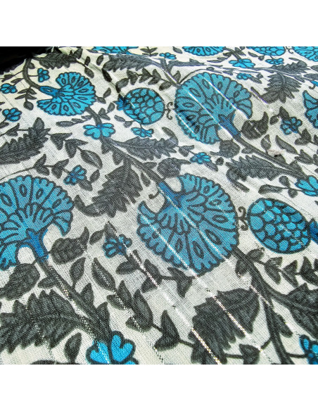 Tissu, Voile de Coton Fleuri Lurex, Bleu Azur et Gris, Laize 110 cm, 100% Coton 90g/m²
