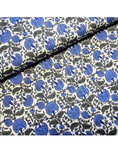 Tissu, Voile de Coton Fleurs Indiennes Lurex, Bleu Gris Anthracite, Laize 110 cm, 100% Coton 90g/m²