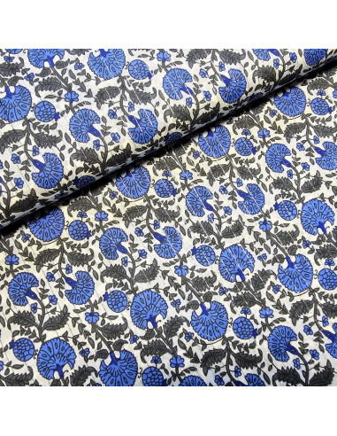 Tissu, Voile de Coton Fleurs Indiennes Lurex, Bleu Gris Anthracite, Laize 110 cm, 100% Coton 90g/m²