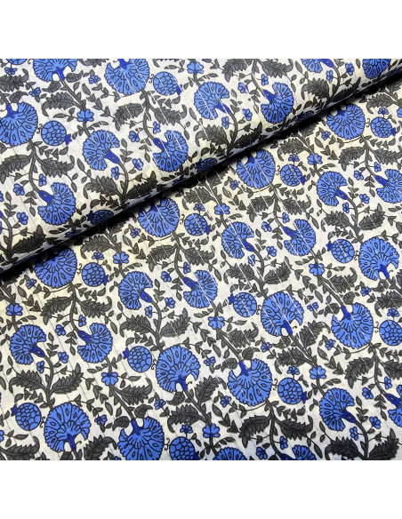 Tissu, Voile de Coton Fleurs Indiennes Lurex, Bleu Gris Anthracite, Laize 110 cm, 100% Coton 90g/m²