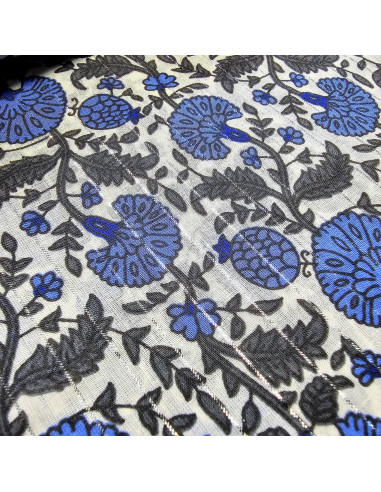 Tissu, Voile de Coton Fleurs Indiennes Lurex, Bleu Gris Anthracite, Laize 110 cm, 100% Coton 90g/m²