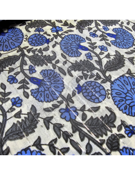 Tissu, Voile de Coton Fleurs Indiennes Lurex, Bleu Gris Anthracite, Laize 110 cm, 100% Coton 90g/m²