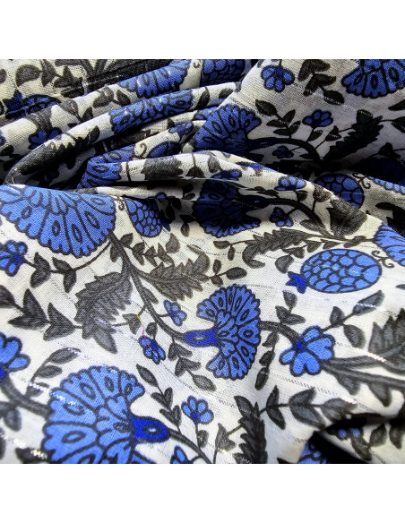 Tissu, Voile de Coton Fleurs Indiennes Lurex, Bleu Gris Anthracite, Laize 110 cm, 100% Coton 90g/m²