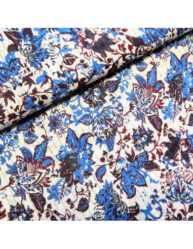 Tissu, Voile de Coton Fleuri Lurex, Bleu Bordeaux, Laize 110 cm, 100% Coton 90g/m²