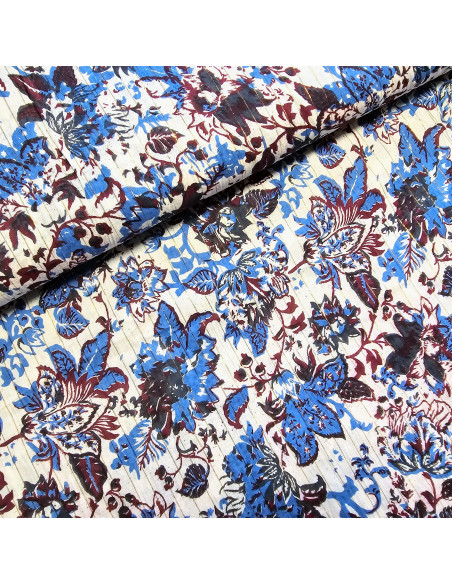 Tissu, Voile de Coton Fleuri Lurex, Bleu Bordeaux, Laize 110 cm, 100% Coton 90g/m²