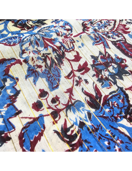 Tissu, Voile de Coton Fleuri Lurex, Bleu Bordeaux, Laize 110 cm, 100% Coton 90g/m²