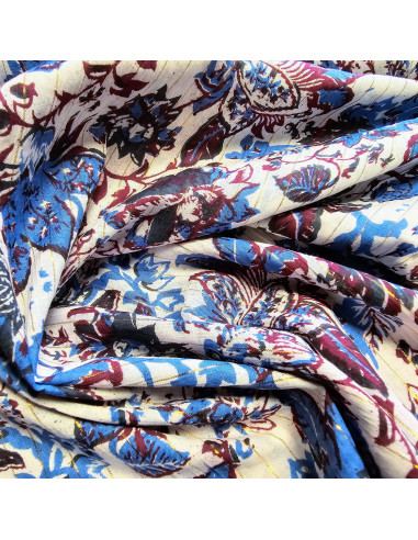 Tissu, Voile de Coton Fleuri Lurex, Bleu Bordeaux, Laize 110 cm, 100% Coton 90g/m²