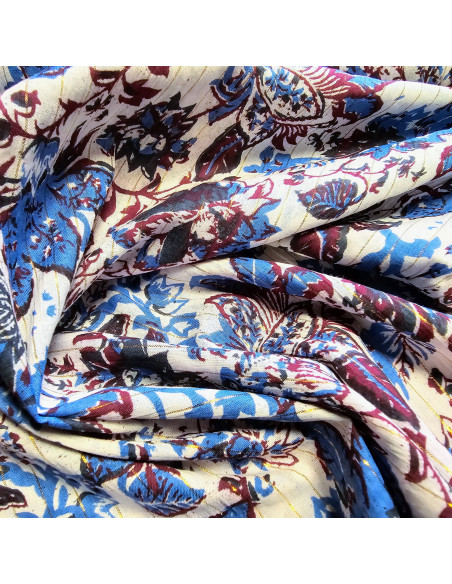 Tissu, Voile de Coton Fleuri Lurex, Bleu Bordeaux, Laize 110 cm, 100% Coton 90g/m²