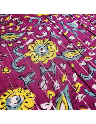 Tissu, Voile de Coton Fleuri Lurex, Jaune Bleu sur Violet, Laize 110 cm, 100% Coton 90g/m²