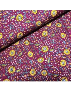 Tissu, Voile de Coton Fleuri Lurex, Jaune Bleu sur Violet, Laize 110 cm, 100% Coton 90g/m²