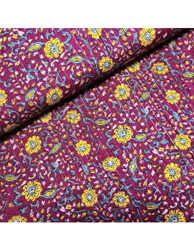 Tissu, Voile de Coton Fleuri Lurex, Jaune Bleu sur Violet, Laize 110 cm, 100% Coton 90g/m²