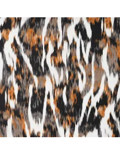 Tissu, Sergé de Viscose Imprimé Abstrait, Orange Noir Gris Blanc, Laize 145 cm, 100% Viscose 155g/m²