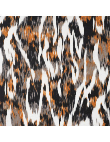 Tissu, Sergé de Viscose Imprimé Abstrait, Orange Noir Gris Blanc, Laize 145 cm, 100% Viscose 155g/m²