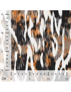 Tissu, Sergé de Viscose Imprimé Abstrait, Orange Noir Gris Blanc, Laize 145 cm, 100% Viscose 155g/m² 2