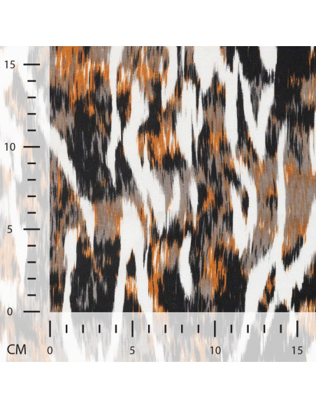 Tissu, Sergé de Viscose Imprimé Abstrait, Orange Noir Gris Blanc, Laize 145 cm, 100% Viscose 155g/m²