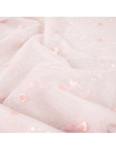 Tissu, Tulle Souple Brodé Cœurs, Rose Pastel et Lurex, Laize 150 cm, Polyamide 20g/m²