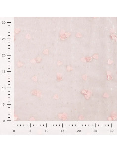 Tissu, Tulle Souple Brodé Cœurs, Rose Pastel et Lurex, Laize 150 cm, Polyamide 20g/m² 2