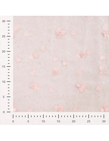 Tissu, Tulle Souple Brodé Cœurs, Rose Pastel et Lurex, Laize 150 cm, Polyamide 20g/m²