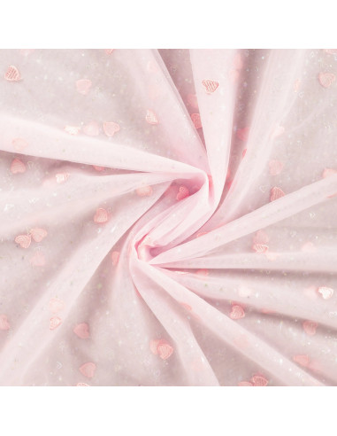 Tissu, Tulle Souple Brodé Cœurs, Rose Pastel et Lurex, Laize 150 cm, Polyamide 20g/m²