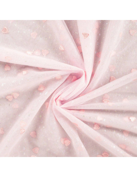Tissu, Tulle Souple Brodé Cœurs, Rose Pastel et Lurex, Laize 150 cm, Polyamide 20g/m²