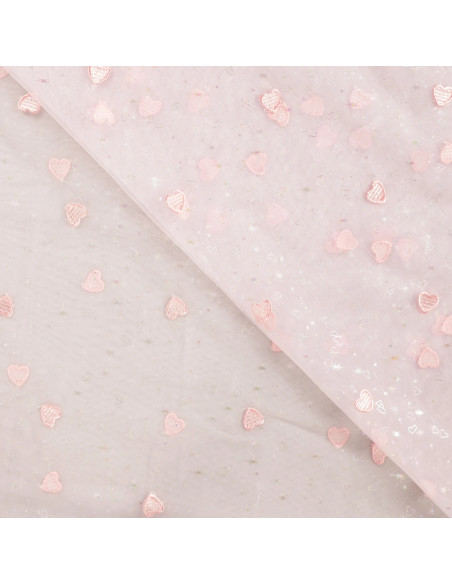 Tissu, Tulle Souple Brodé Cœurs, Rose Pastel et Lurex, Laize 150 cm, Polyamide 20g/m²