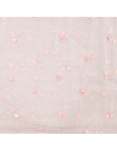 Tissu, Tulle Souple Brodé Cœurs, Rose Pastel et Lurex, Laize 150 cm, Polyamide 20g/m²