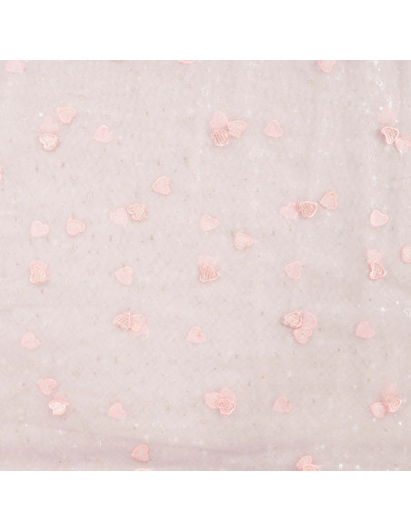 Tissu, Tulle Souple Brodé Cœurs, Rose Pastel et Lurex, Laize 150 cm, Polyamide 20g/m²