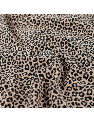 Tissu, French Terry Imprimé Léopard, Beige Taches Noires, Laize 150 cm, Coton Stretch Oeko-Tex