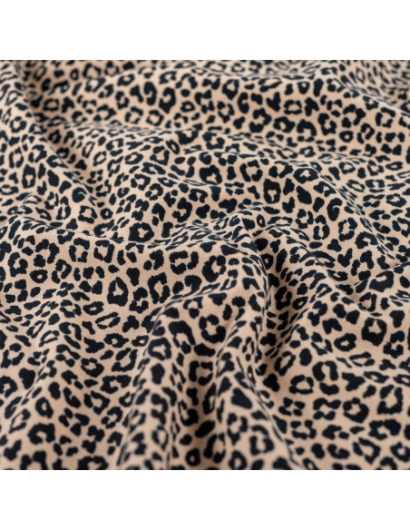 Tissu, French Terry Imprimé Léopard, Beige Taches Noires, Laize 150 cm, Coton Stretch Oeko-Tex